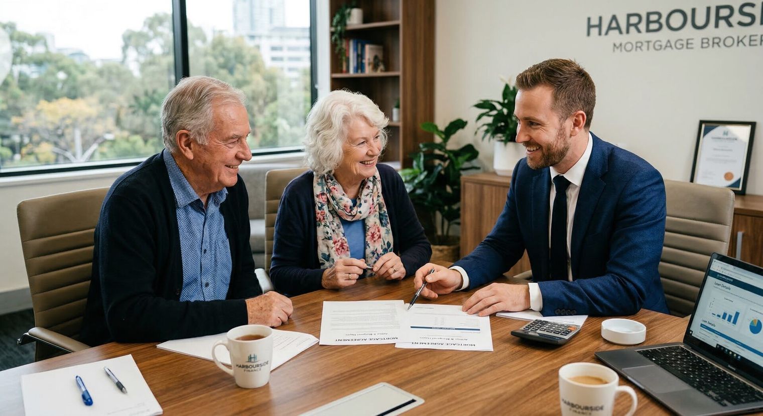 Business professionals discussing mortgage options at a modern office with Harbours branding.