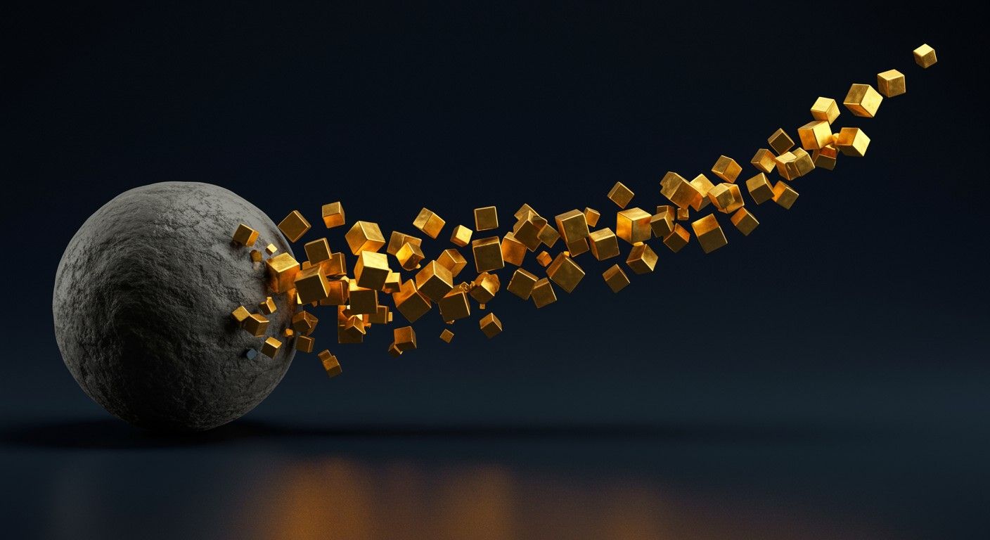 Sparkling gold cubes emerging from a textured dark sphere symbolising wealth, energy, and transformation.