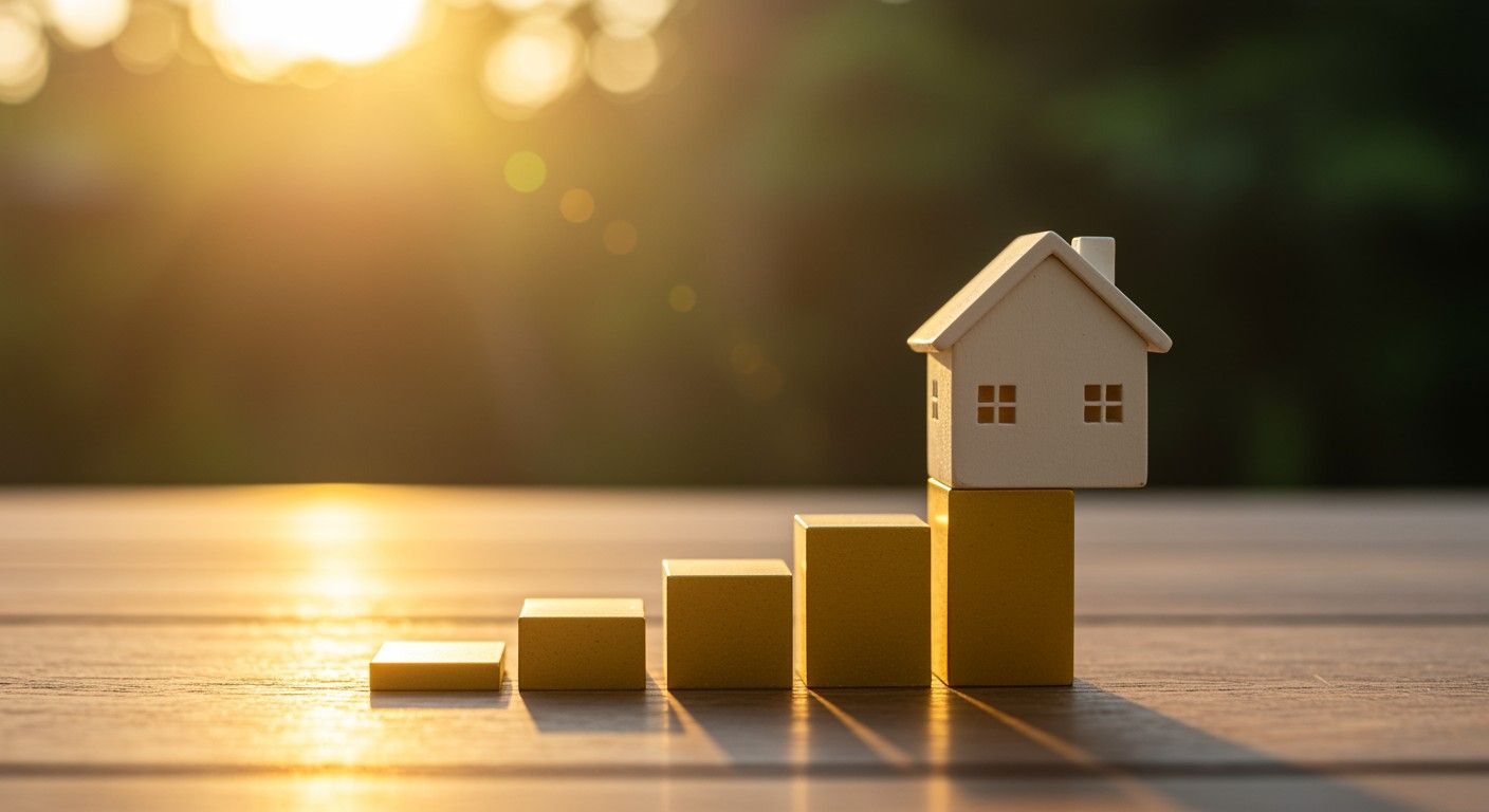 Progression of growth with a model house symbolising investment and achievement.