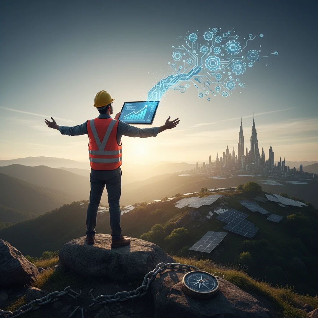 Engineer embracing digital innovation and sustainability for future smart cities.