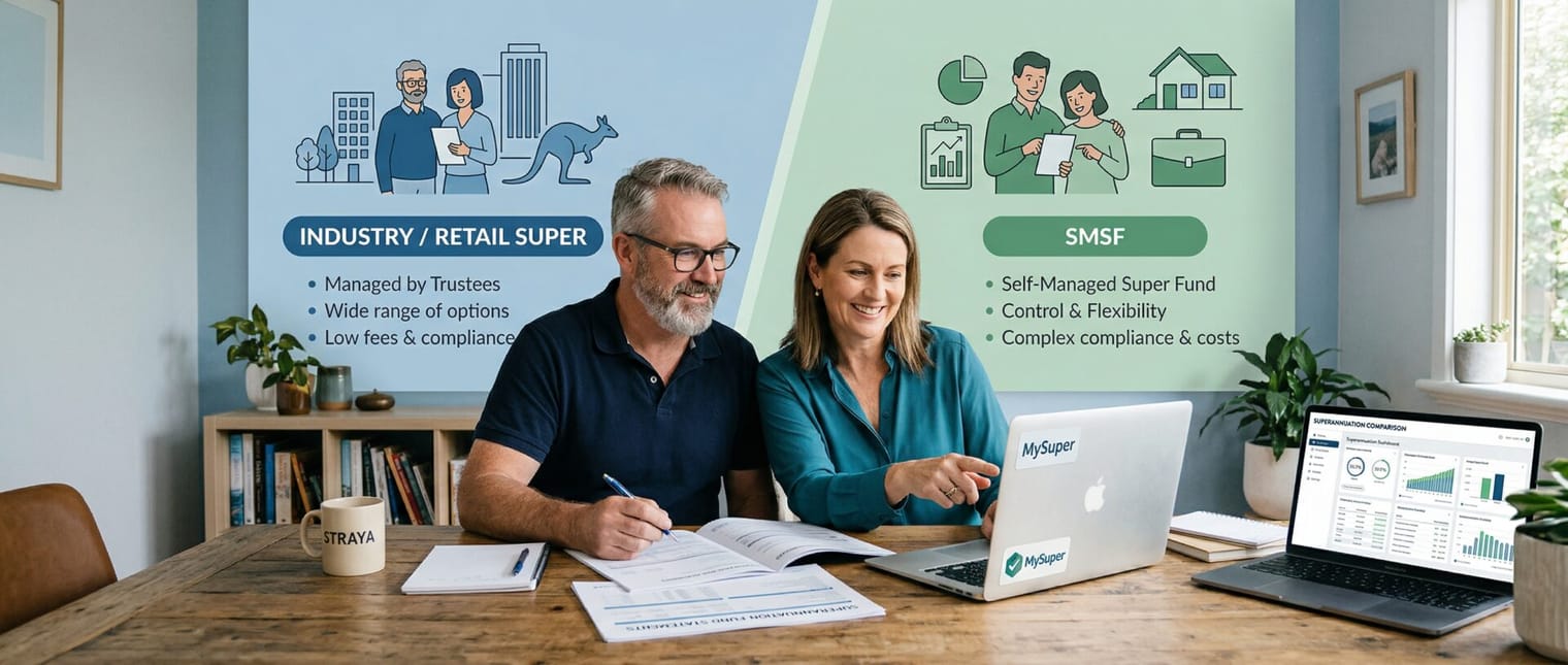 Financial advisors collaborating on superannuation, retirement planning, and financial strategy in an office setting.