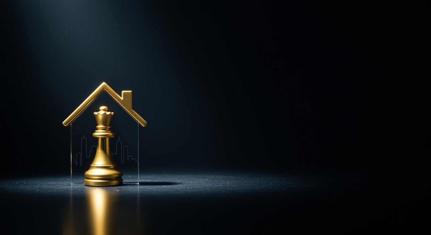 Golden chess king and house outline symbolising property investment, security, and strategic planning.