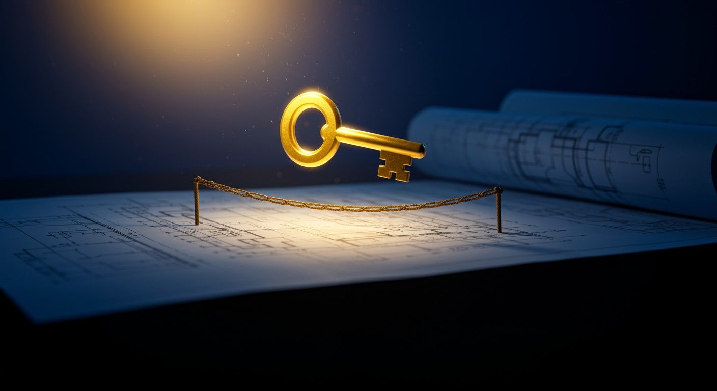 Golden key unlocking an architectural blueprint symbolising homeownership and wealth creation.