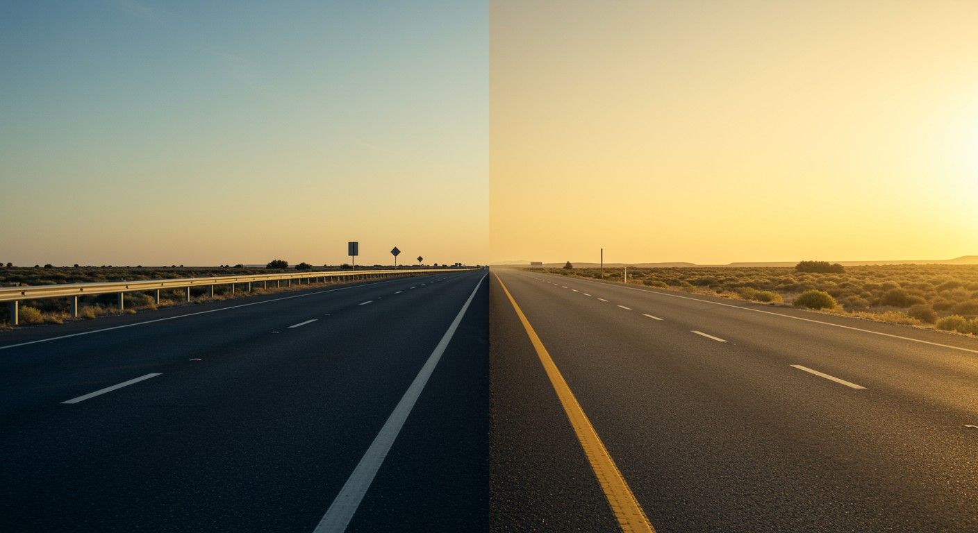 Contrast between dawn and sunset on a desert highway showcasing natural lights impact.