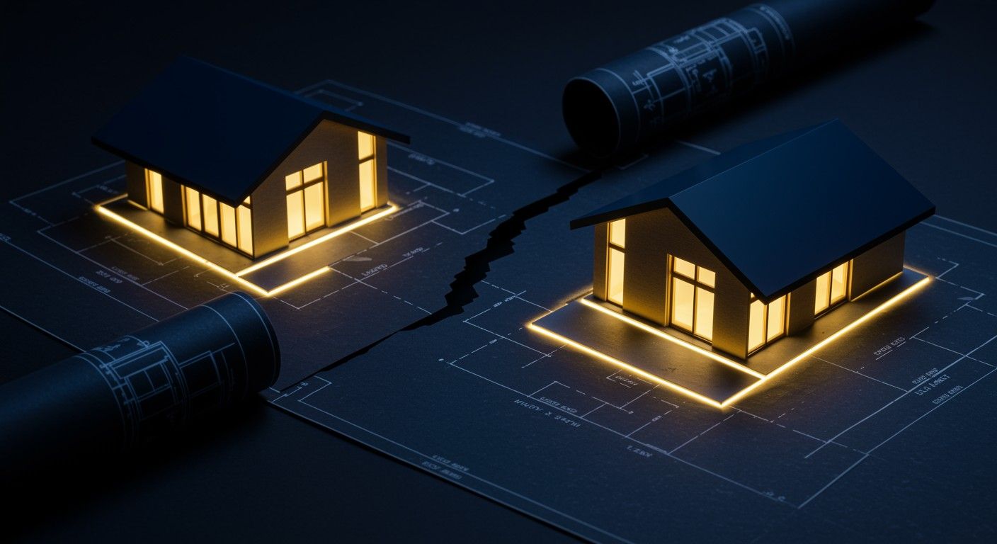 Modern architectural blueprints with illuminated duplex house models and technical planning details.