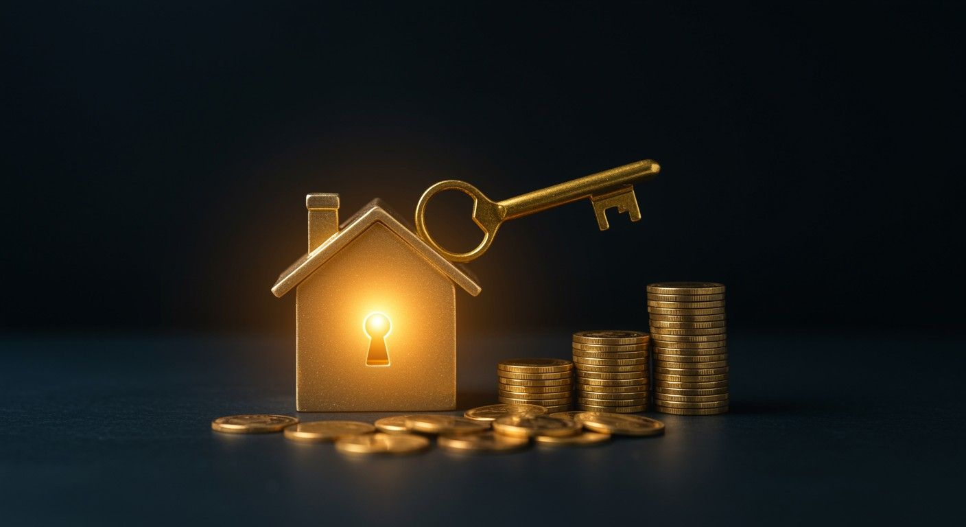 Gold house with a key and rising coins representing homeownership, mortgage savings, and financial growth.