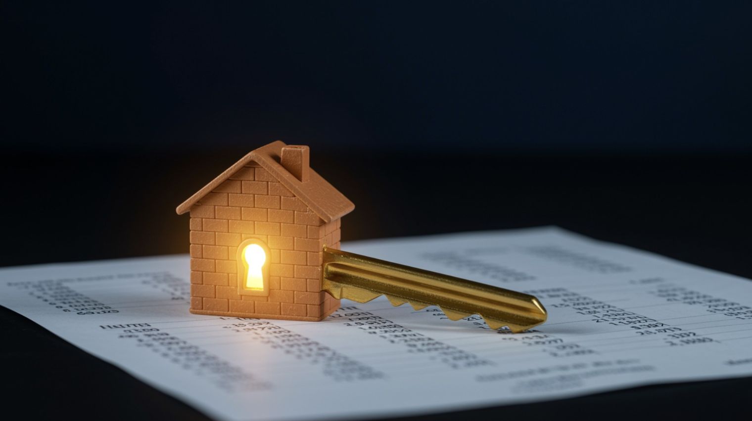 Miniature terracotta house with golden key on invoice, symbolising property security and homeownership.