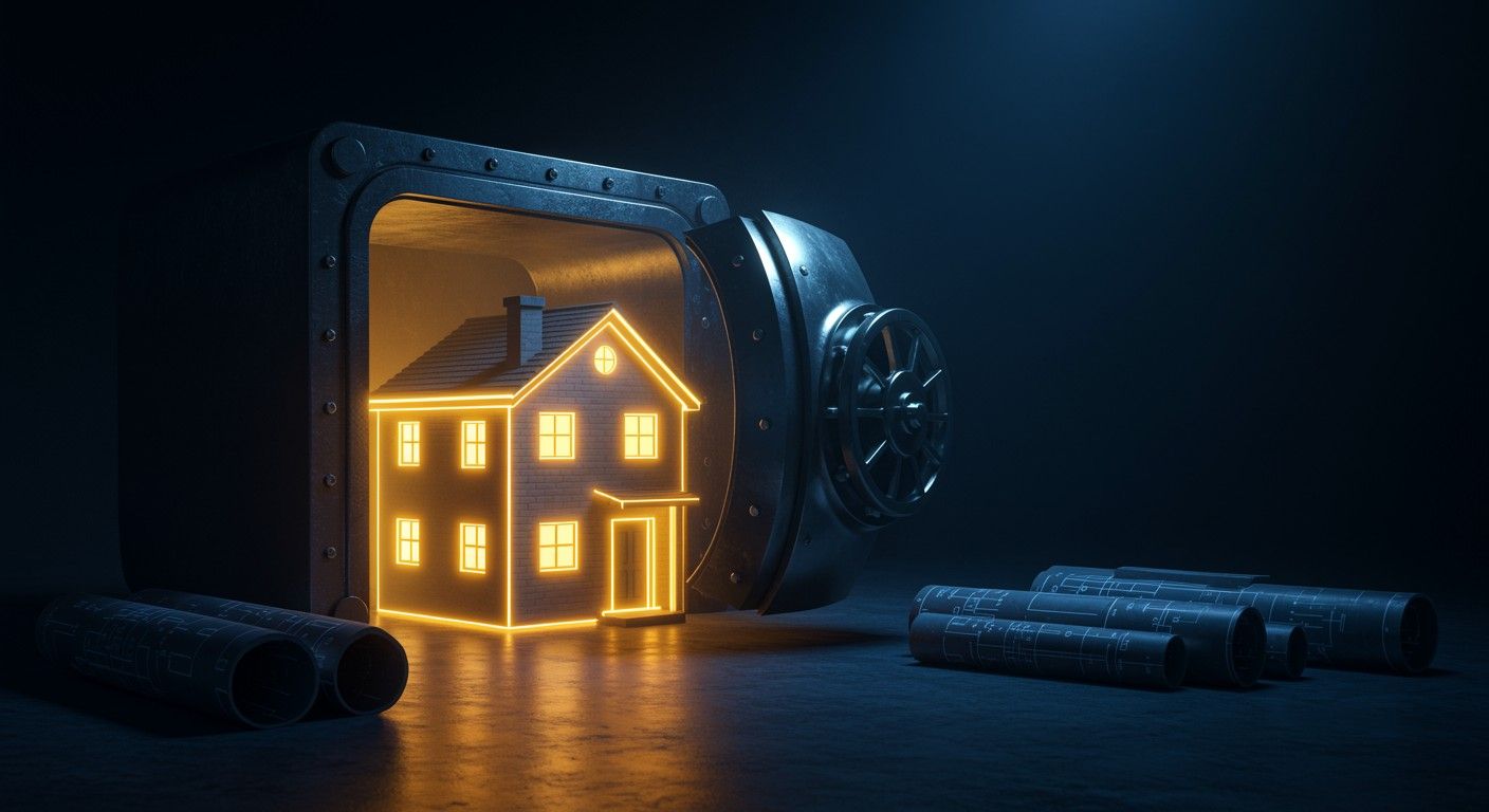 Secure vault with house outline and blueprints, symbolising property protection and financial security.