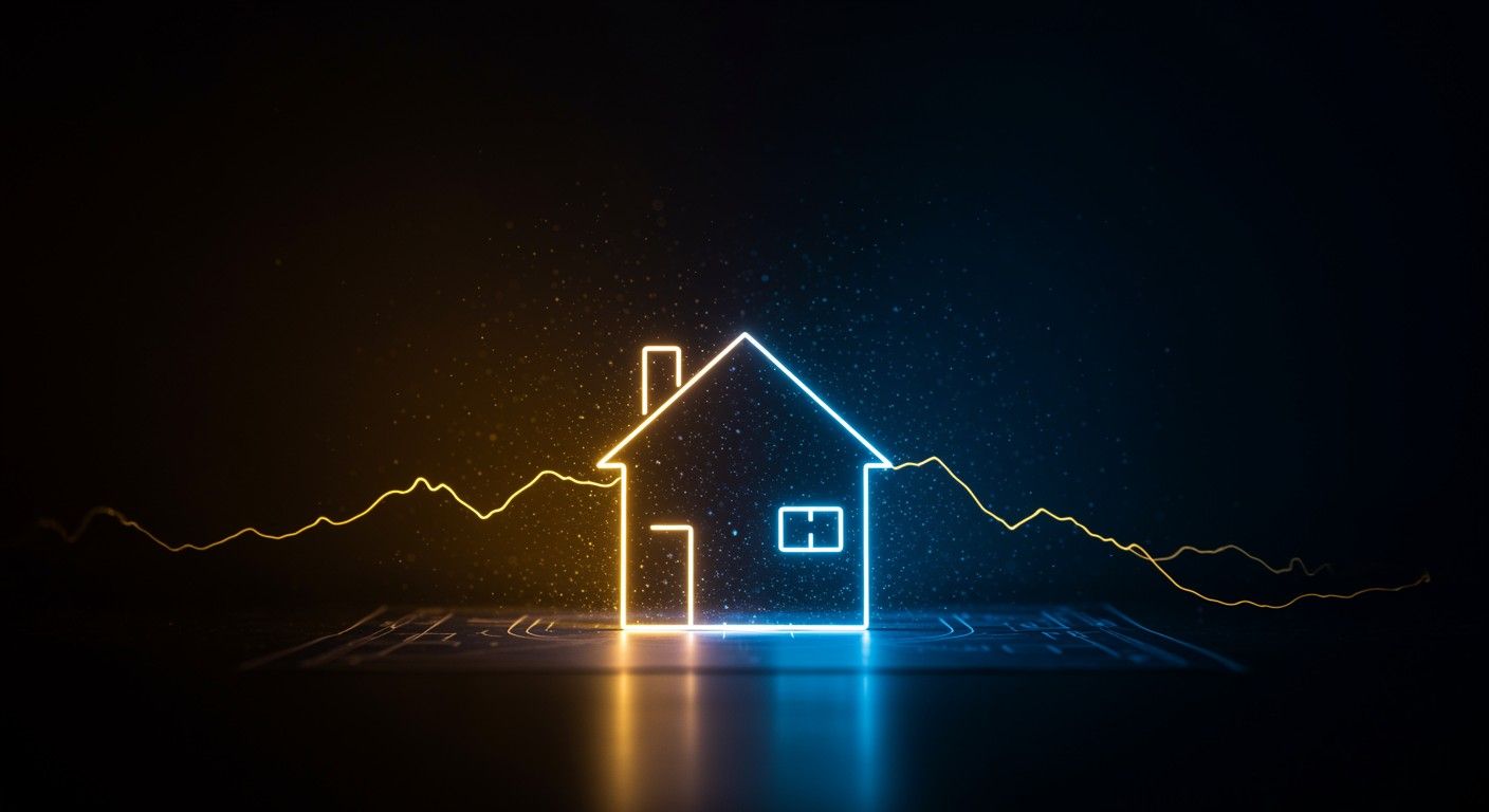 Futuristic smart home with neon outlines, digital data waves, and high-tech energy visualisation.