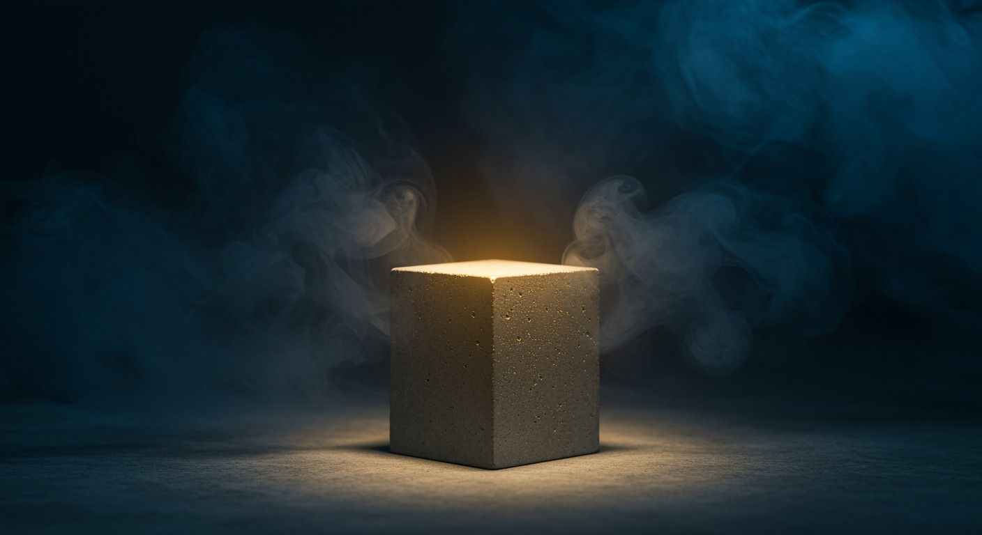 Concrete cube with swirling vapour illuminated in a minimalistic, industrial-themed scene.