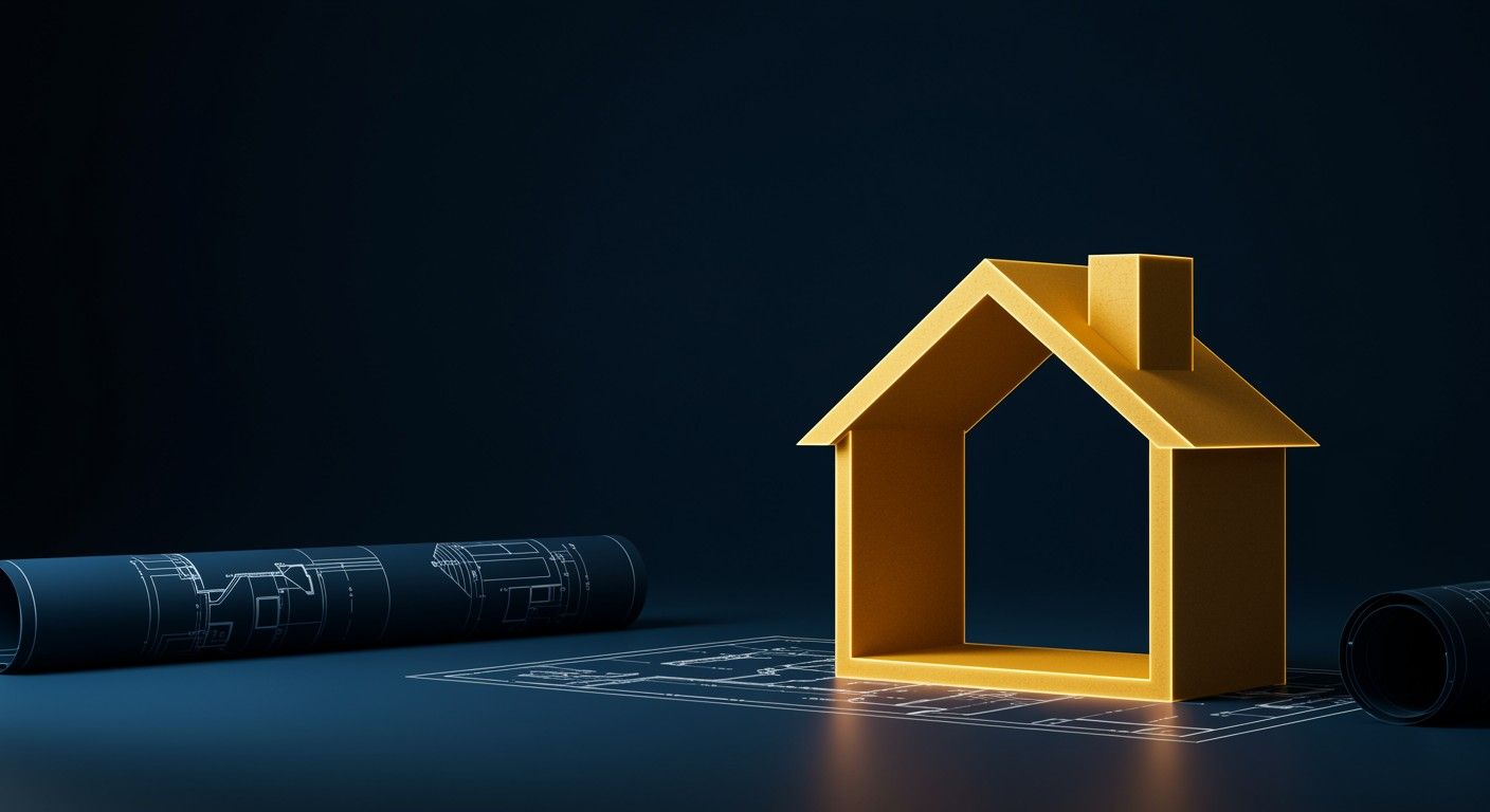 Modern architectural planning scene with a gold house model and blueprints for construction loans.