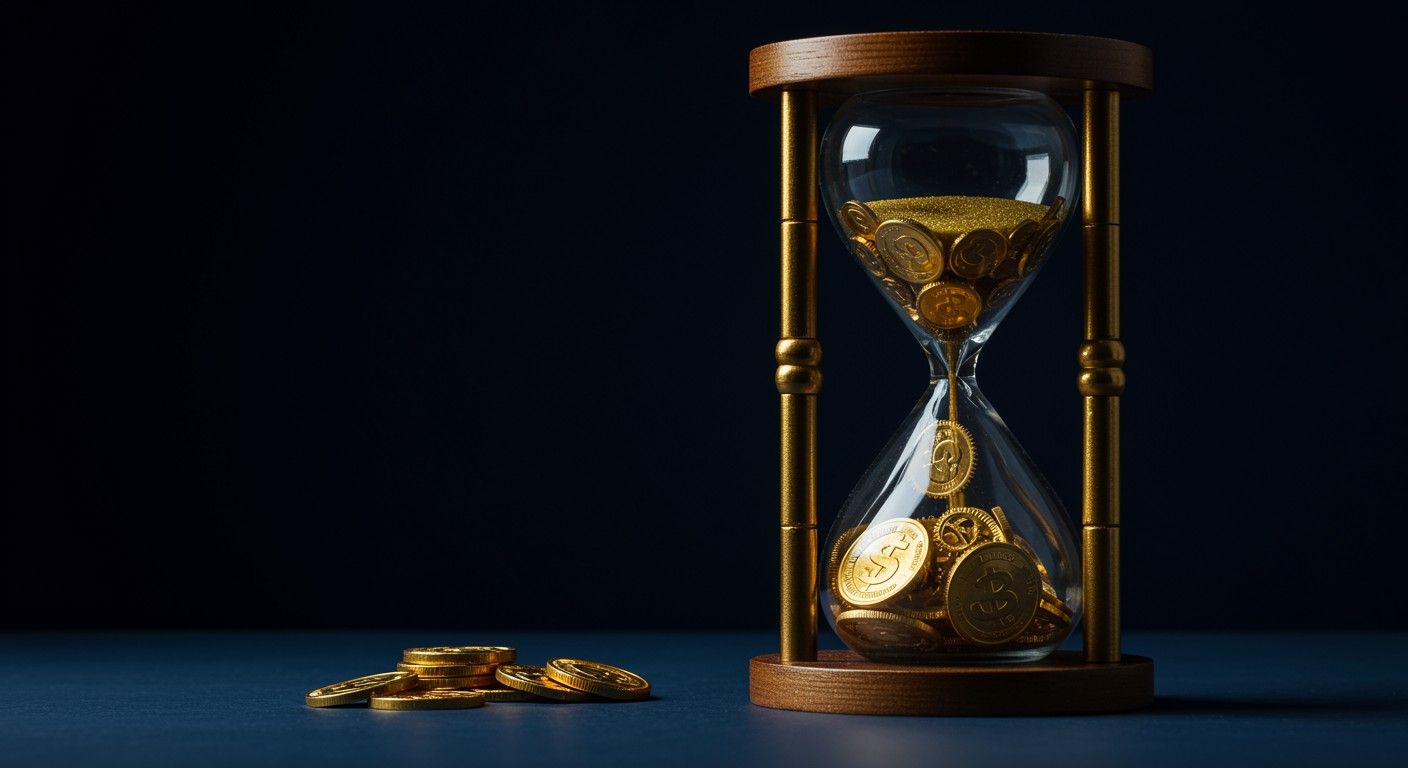 Hourglass with gold coins symbolising time and wealth, representing financial growth and value.