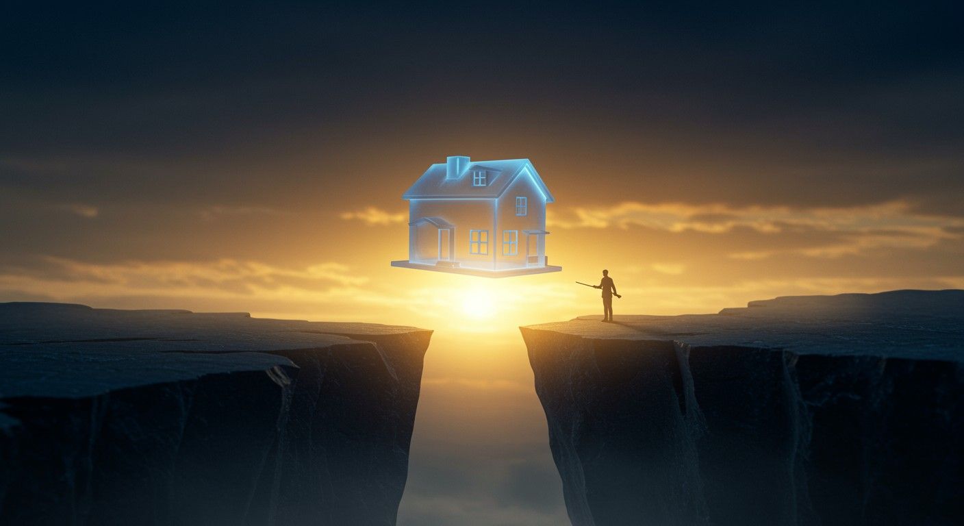 Surreal sunset scene with floating house, rugged cliffs, and contemplative figure symbolising dreams and aspirations.