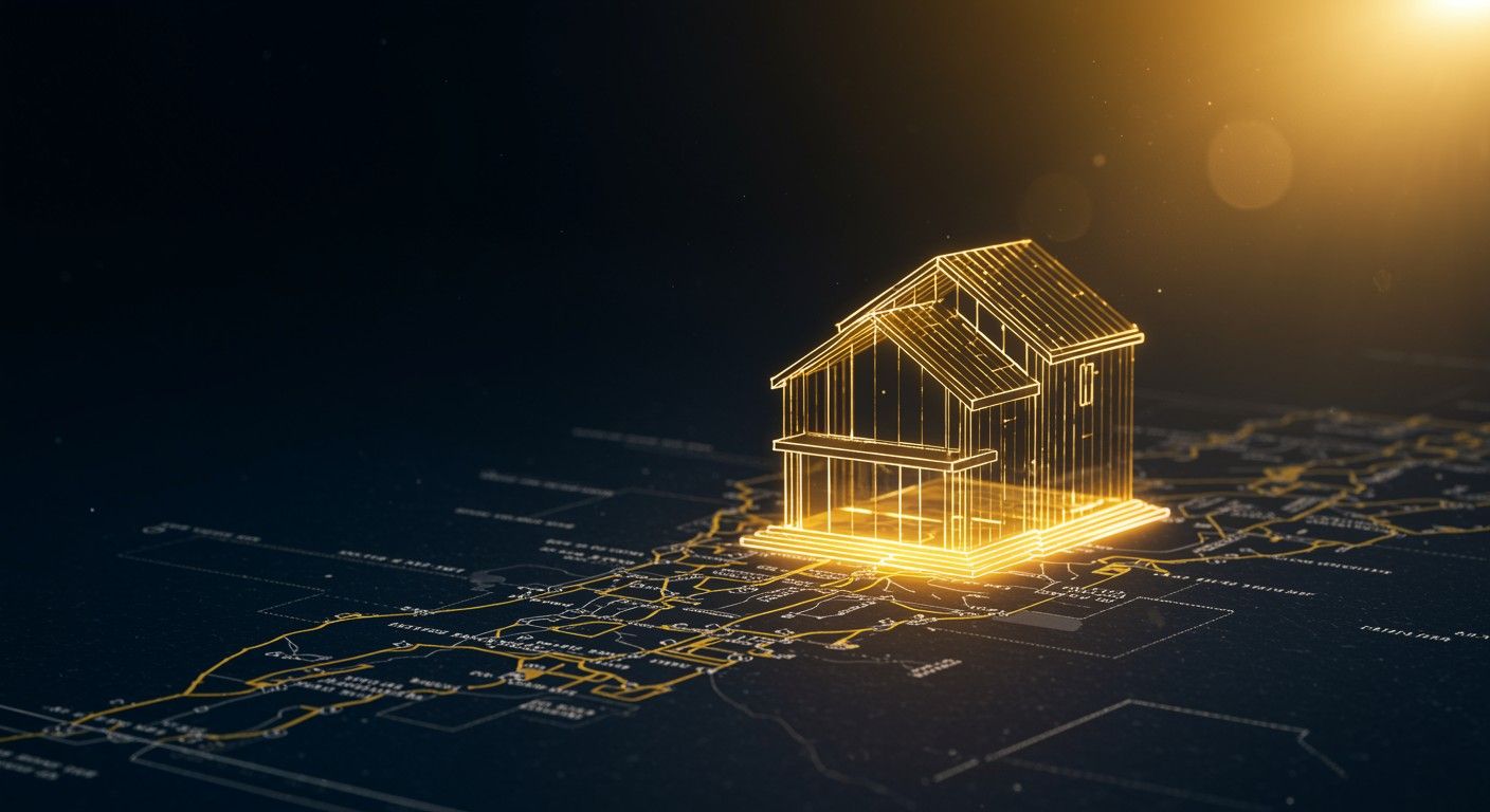 Futuristic digital house blueprint with city map overlay illustrating smart city housing development.