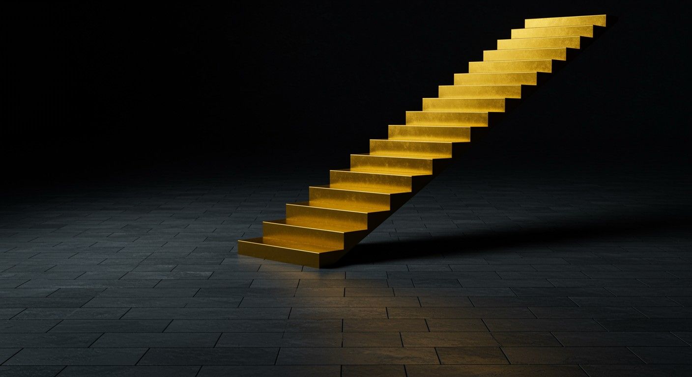 Golden staircase symbolising property investment success and financial ascent in a dark, minimalist scene.