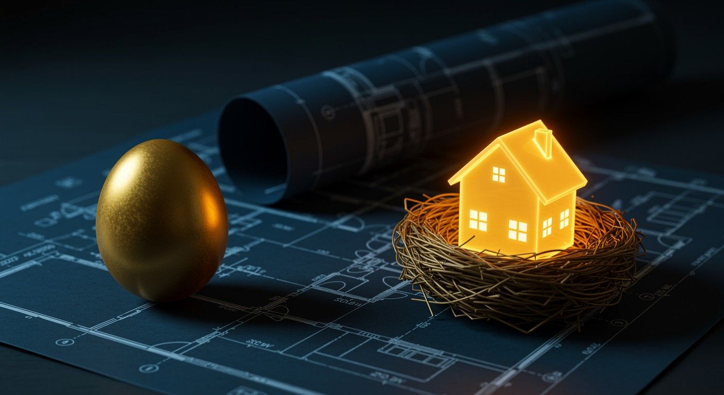 Architectural blueprint with a glowing house model, gold egg, and planning documents symbolising property investment.