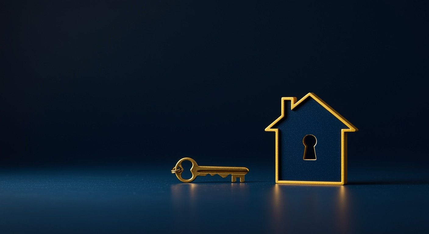 Elegant gold key and blue house frame symbolising property security and investment access in Australia.