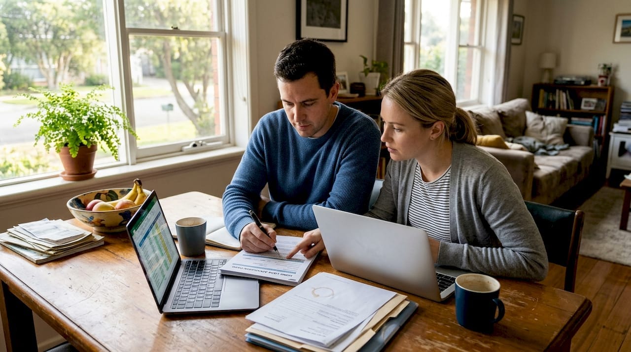 Happy couple reviewing home loan documents at a cozy kitchen table.