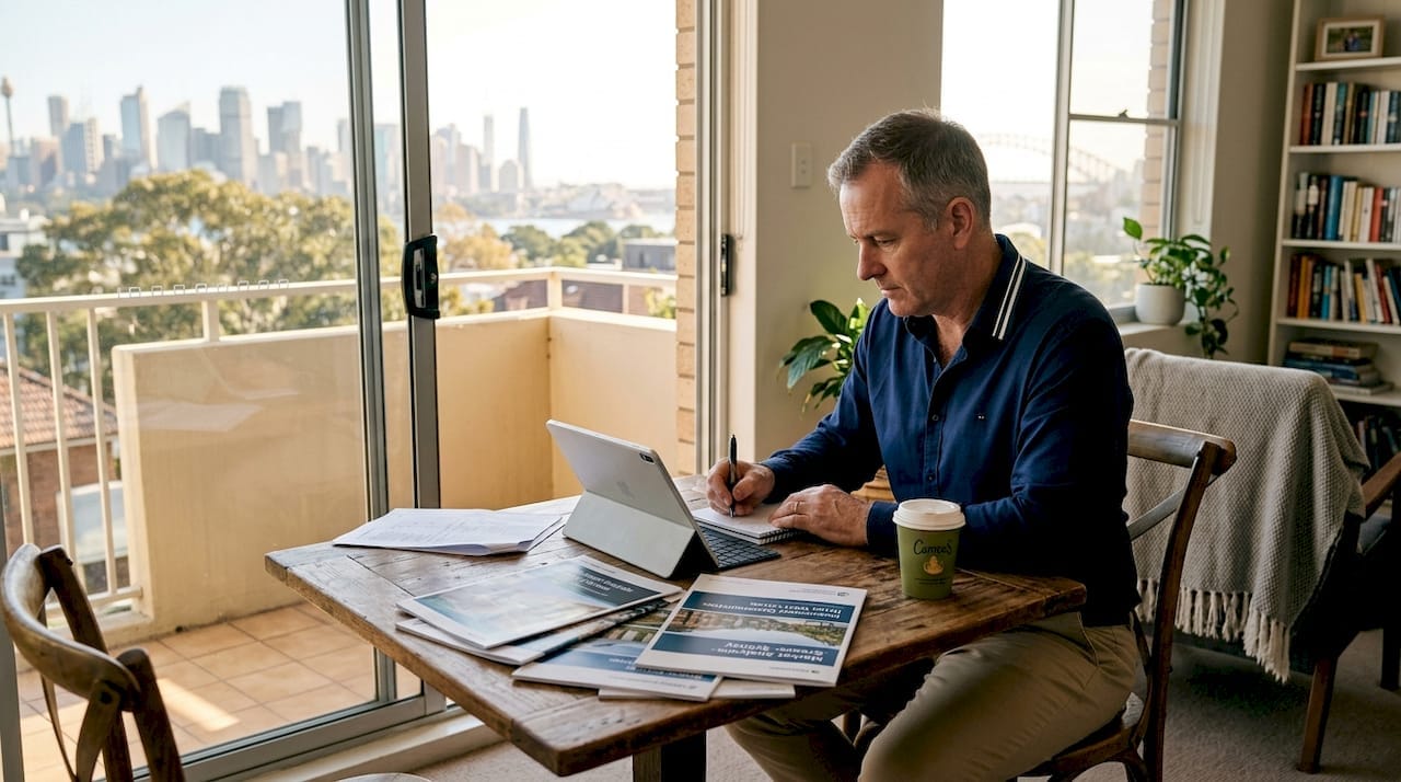 Man working with property market research in a bright urban apartment.
