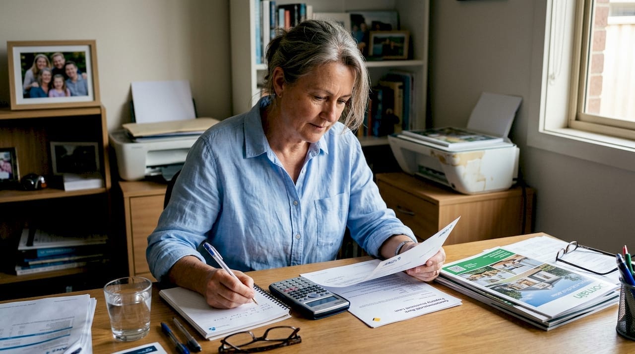Older woman reviewing paperwork at home office with books, family photos, and natural light.
