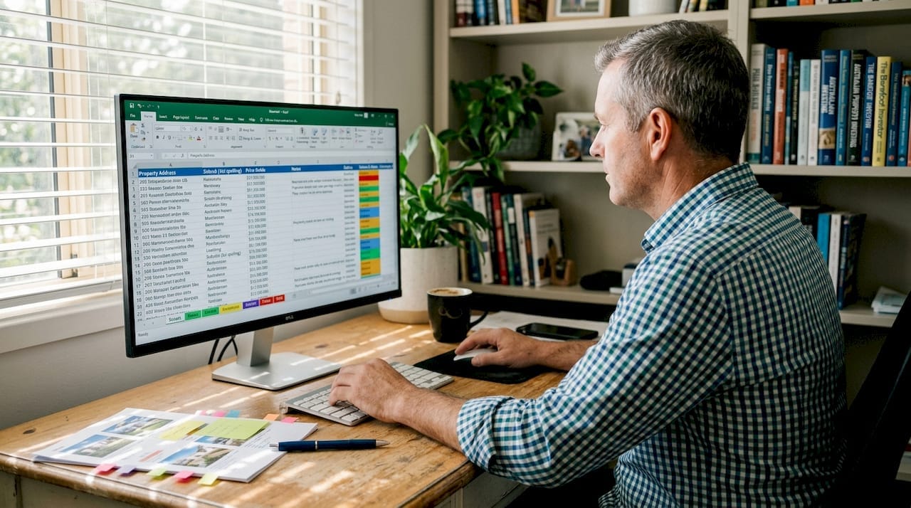 Middle-aged man analysing real estate data on computer in home office.