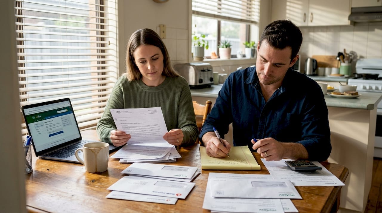 Couple reviewing household financial paperwork in a cosy kitchen for home buy or tax planning.
