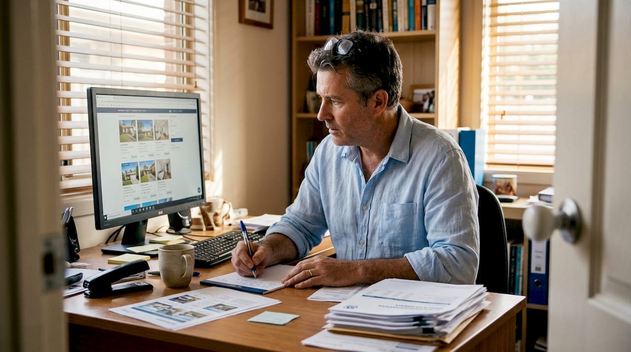 Middle-aged man reviewing documents and managing his SMSF in a home office.