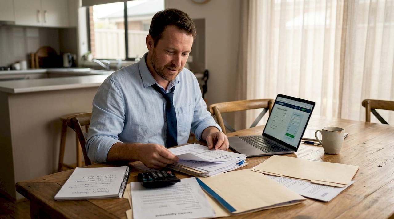 Property investor reviewing home loan, mortgage, and rental finance paperwork at a dining table.