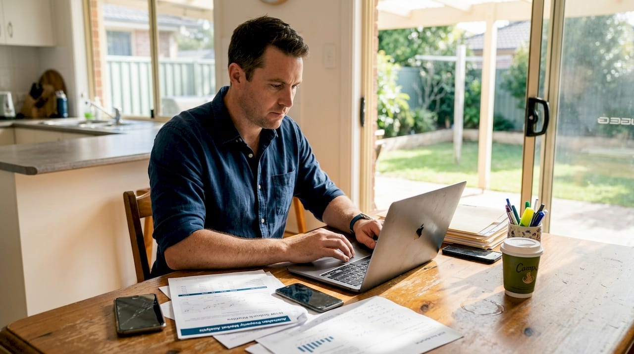 Man working on laptop with property reports in modern home kitchen.