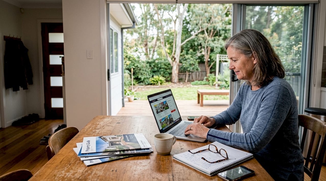 Older woman browsing travel and property listings on her laptop at home.