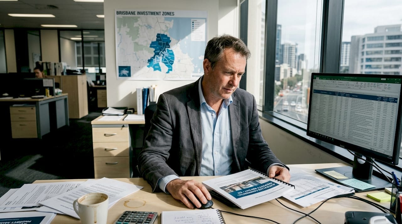 Financial analyst working on property investment research in a modern city office.