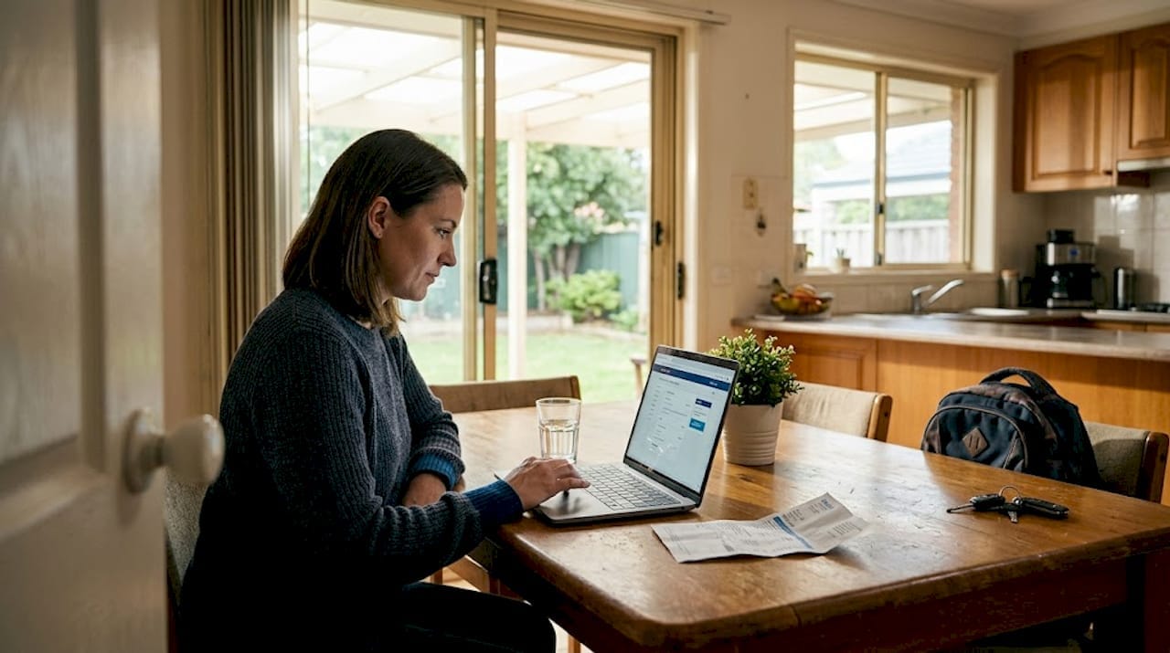 Woman working on laptop at home, reviewing credit score for a home loan.