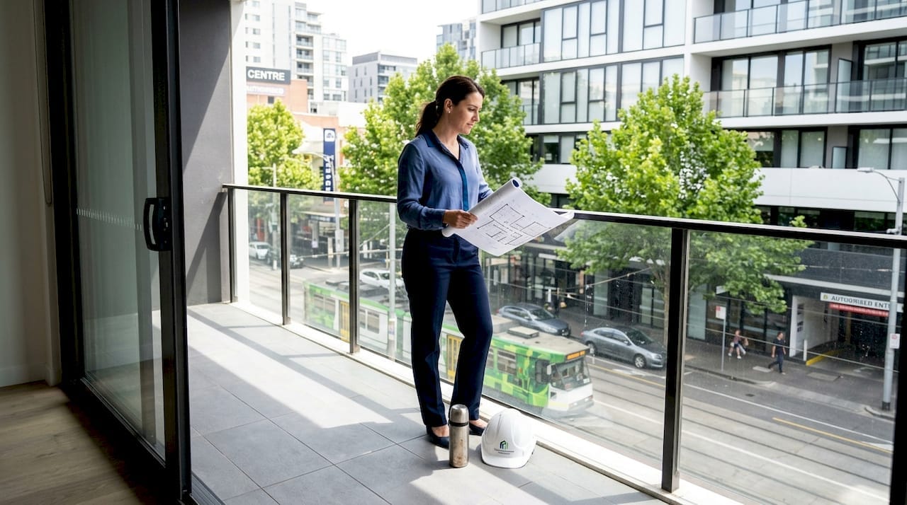 Investor reviewing new apartment development plans on a city balcony.