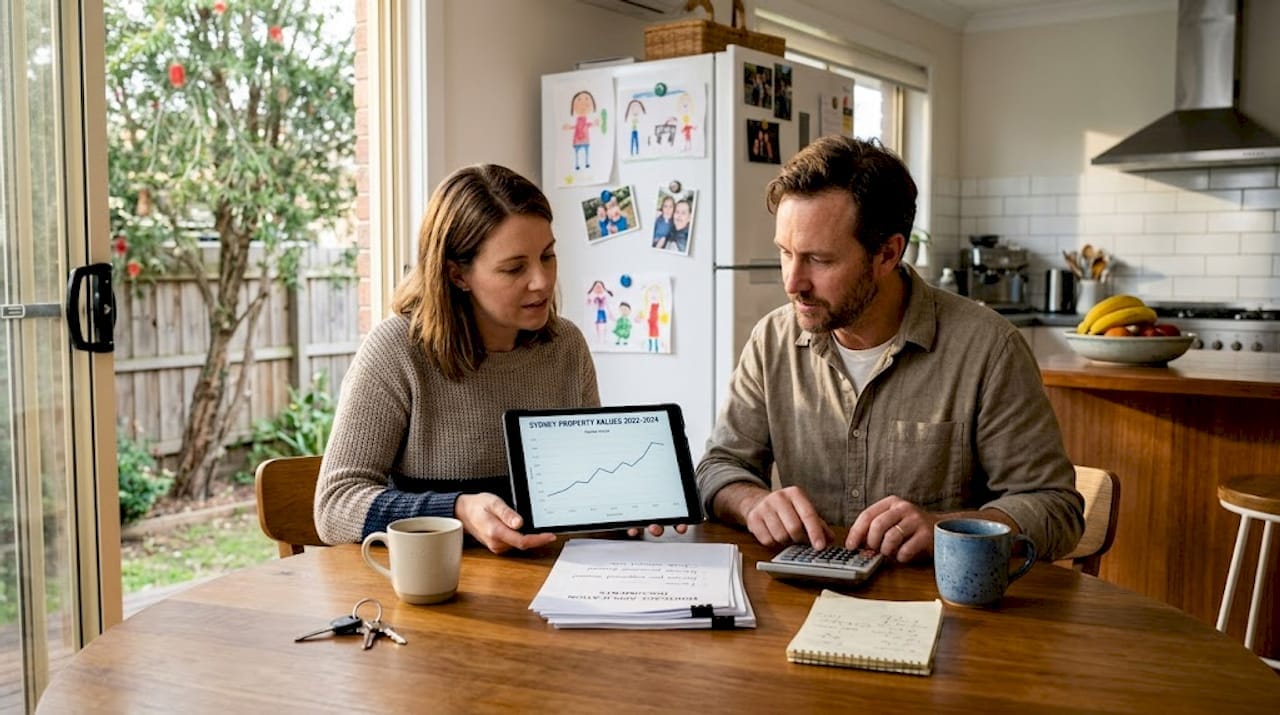 Australian couple reviewing home equity and Sydney property values at the kitchen table.