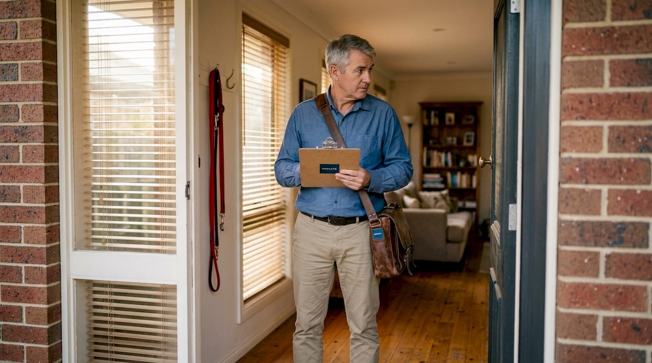Home appraiser inspecting front entry for property valuation.