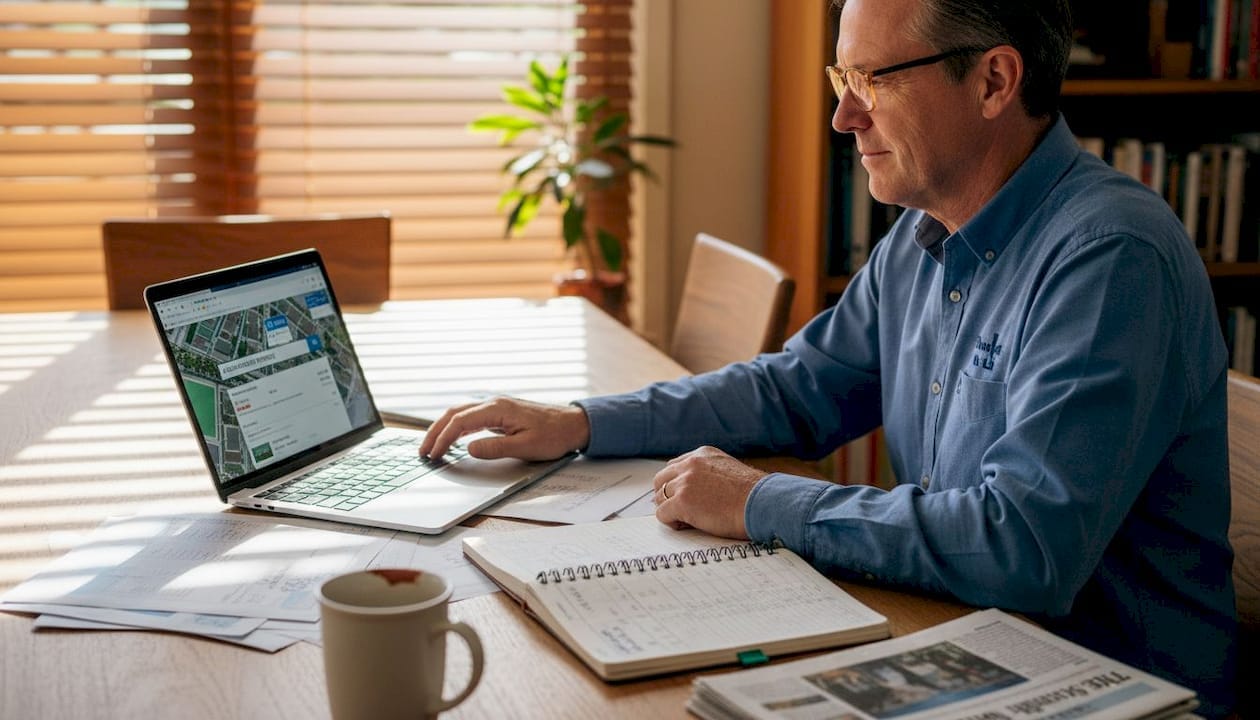 Investor researching property cycle on laptop at table.