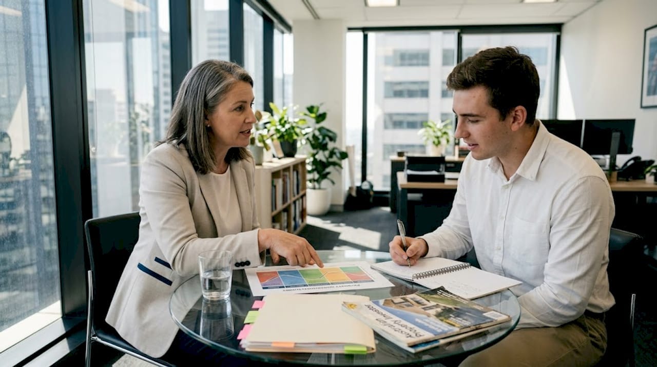 Property mentor advising investor in modern glass office.