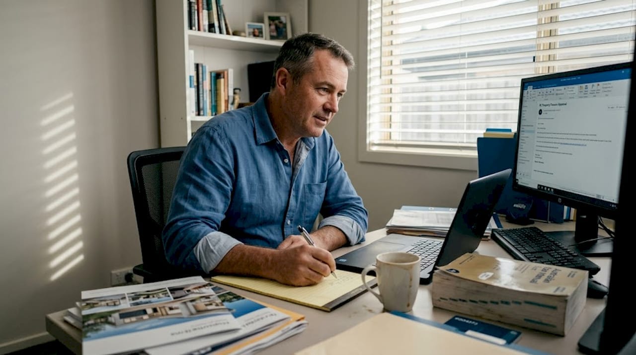Investor preparing property documents in a home office.
