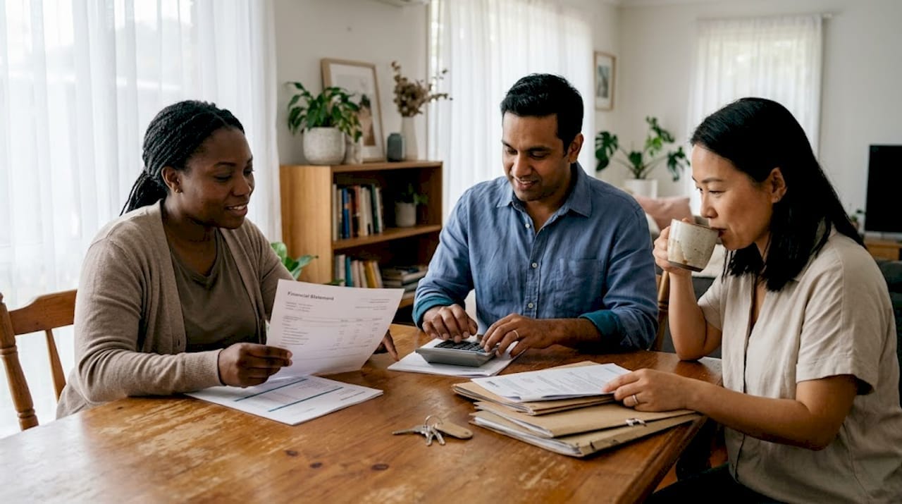Three adults reviewing property documents and finances at a dining table.