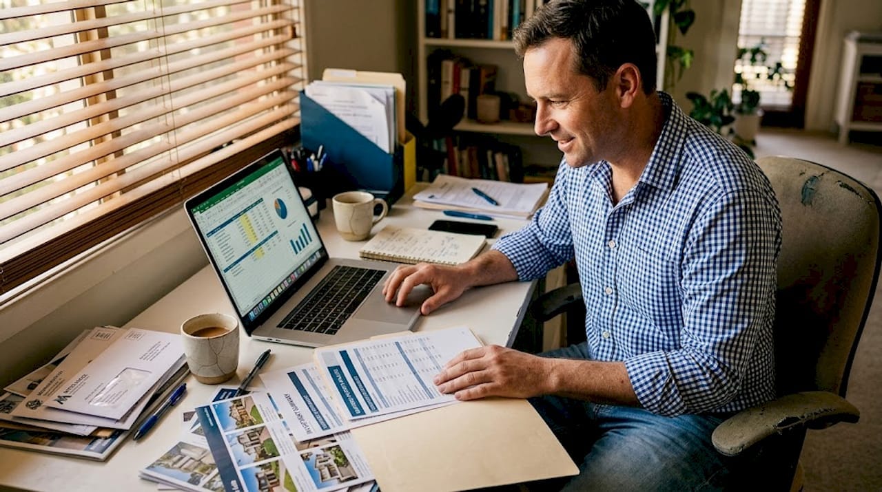 Investor reviewing property reports in a home office.