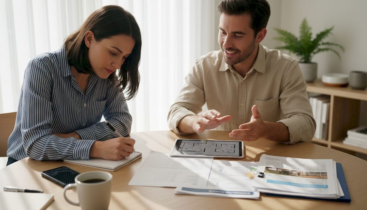 Investors reviewing property plans, documents and loan to value ratio.