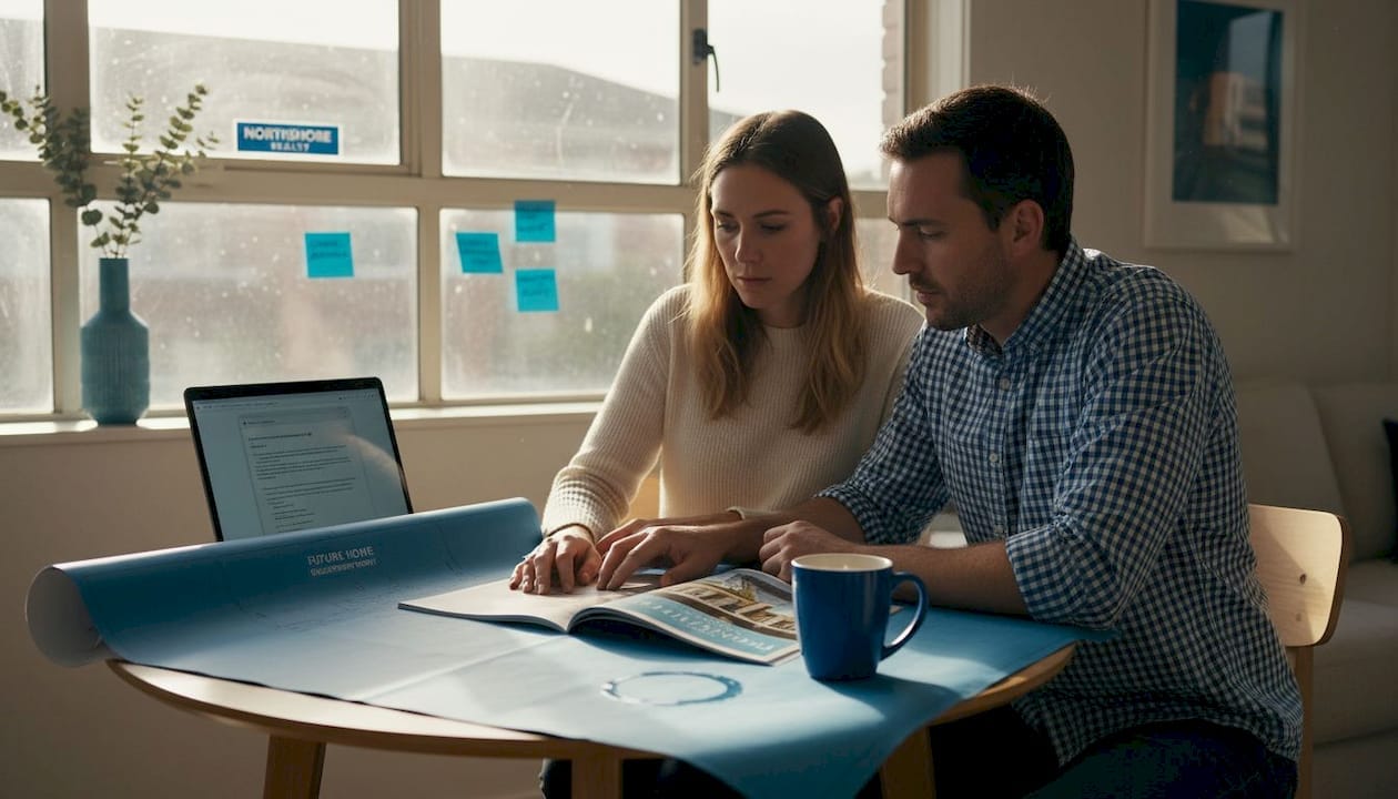 Couple reviewing off the plan property brochure and blueprint at home.