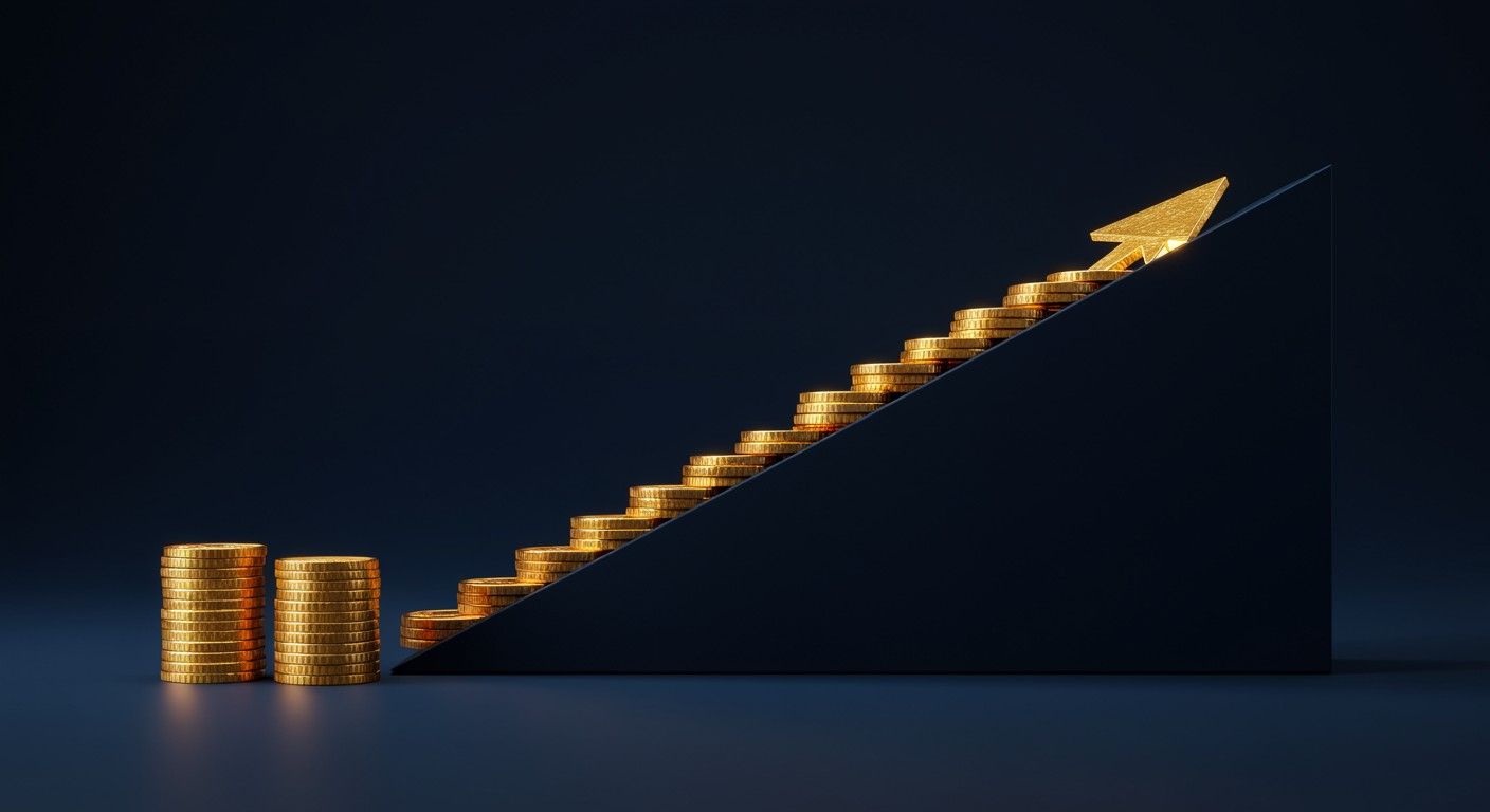 Graph of financial growth with ascending gold coins and upward arrow symbolising wealth.