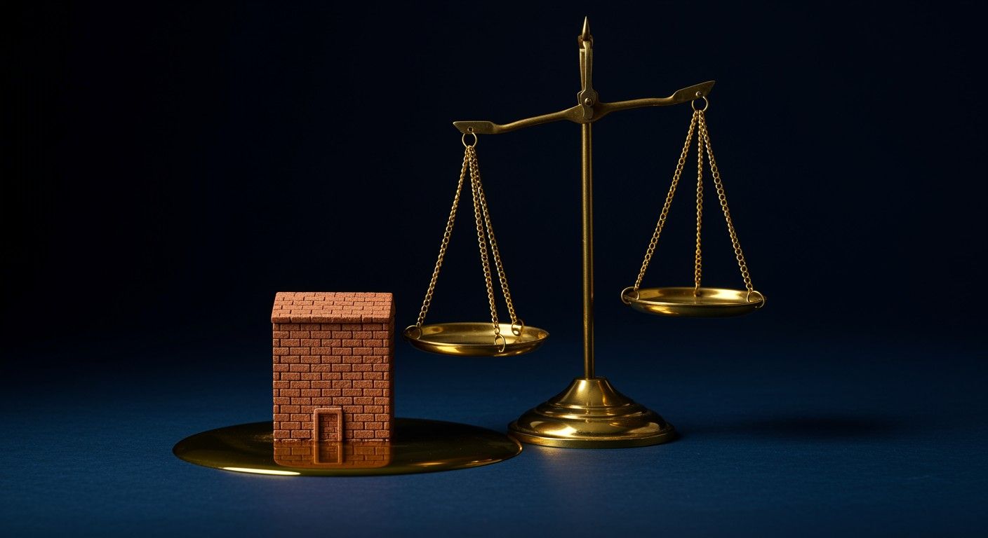 Golden scales weighing a miniature brick building symbolising justice and property valuation.