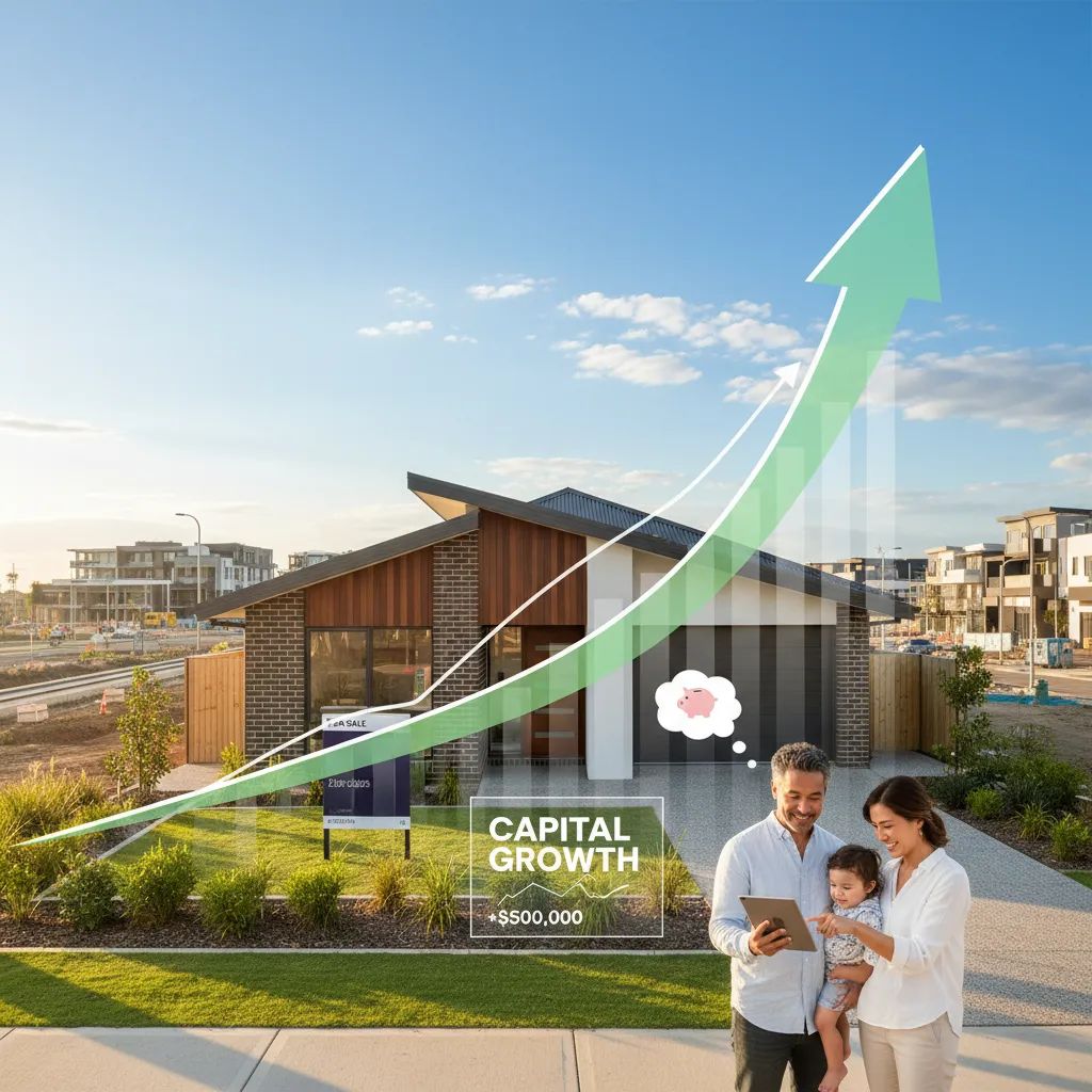Modern family enjoying property value growth and real estate capital gains in Australia.