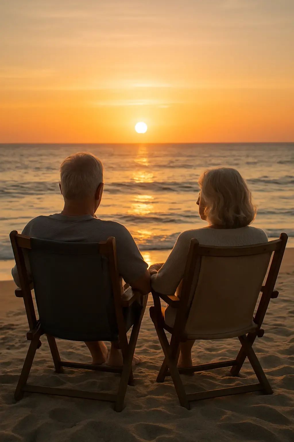 Elderly couple enjoying a peaceful sunset by the ocean on a sandy beach in Australia.