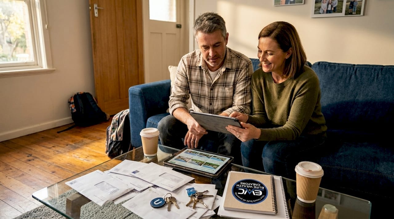 Couple reviewing home paperwork on sofa, discussing residential property.