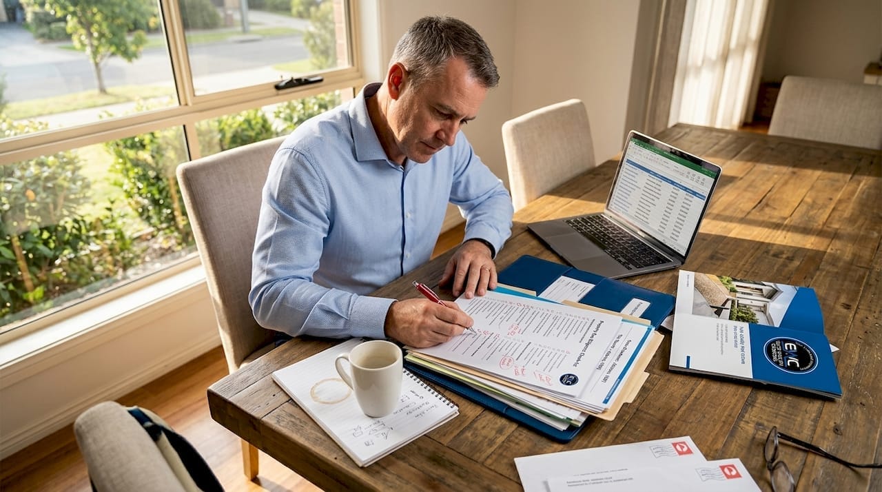 Investor reviewing property due diligence documents at home.
