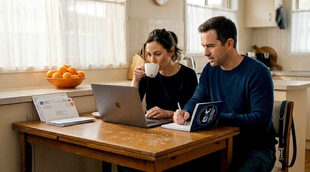 Couple reviewing property listings at a kitchen table.