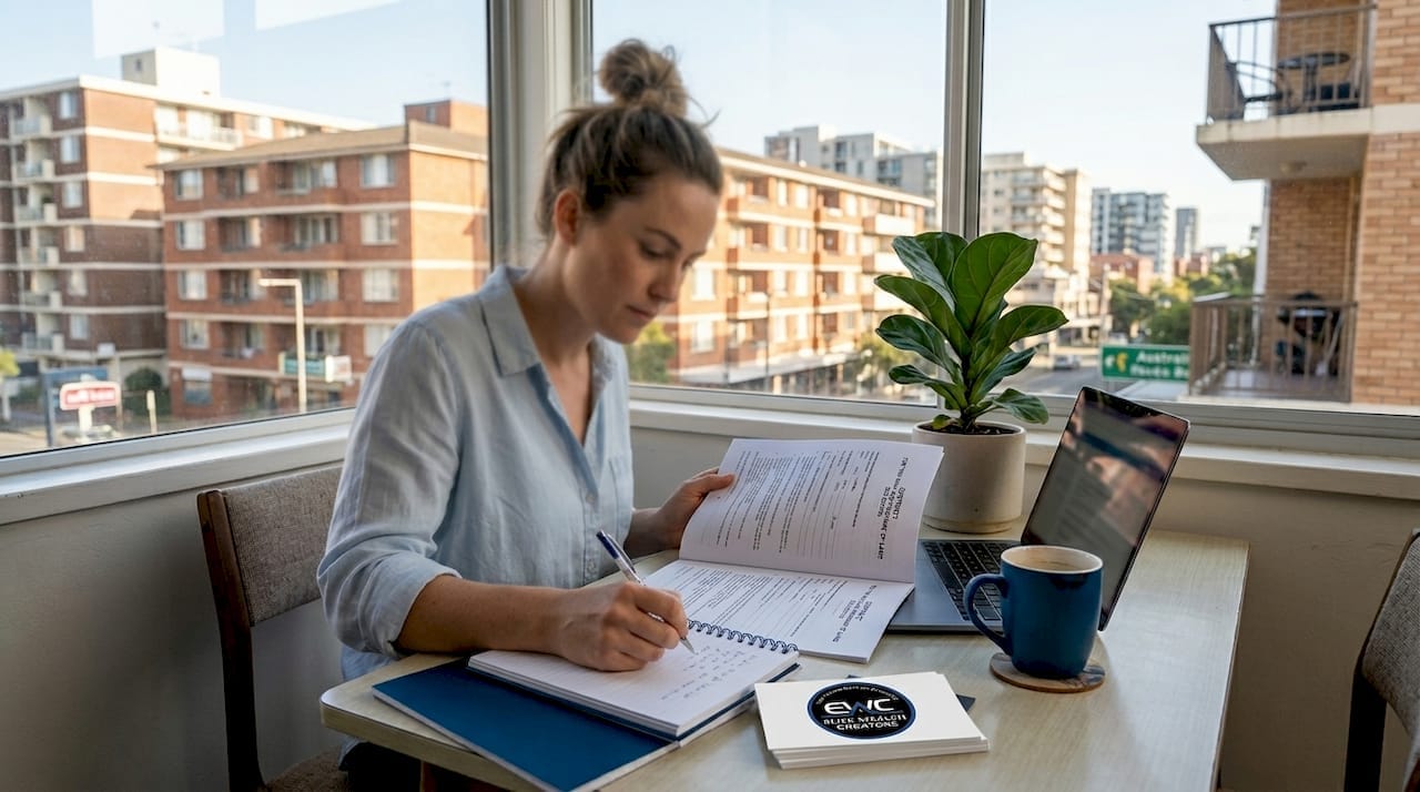 Woman reviewing strata property paperwork in a bright apartment.